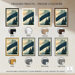Alpine Ski Poster – Vintage Mountain Forest Wall Art — framed print colour options