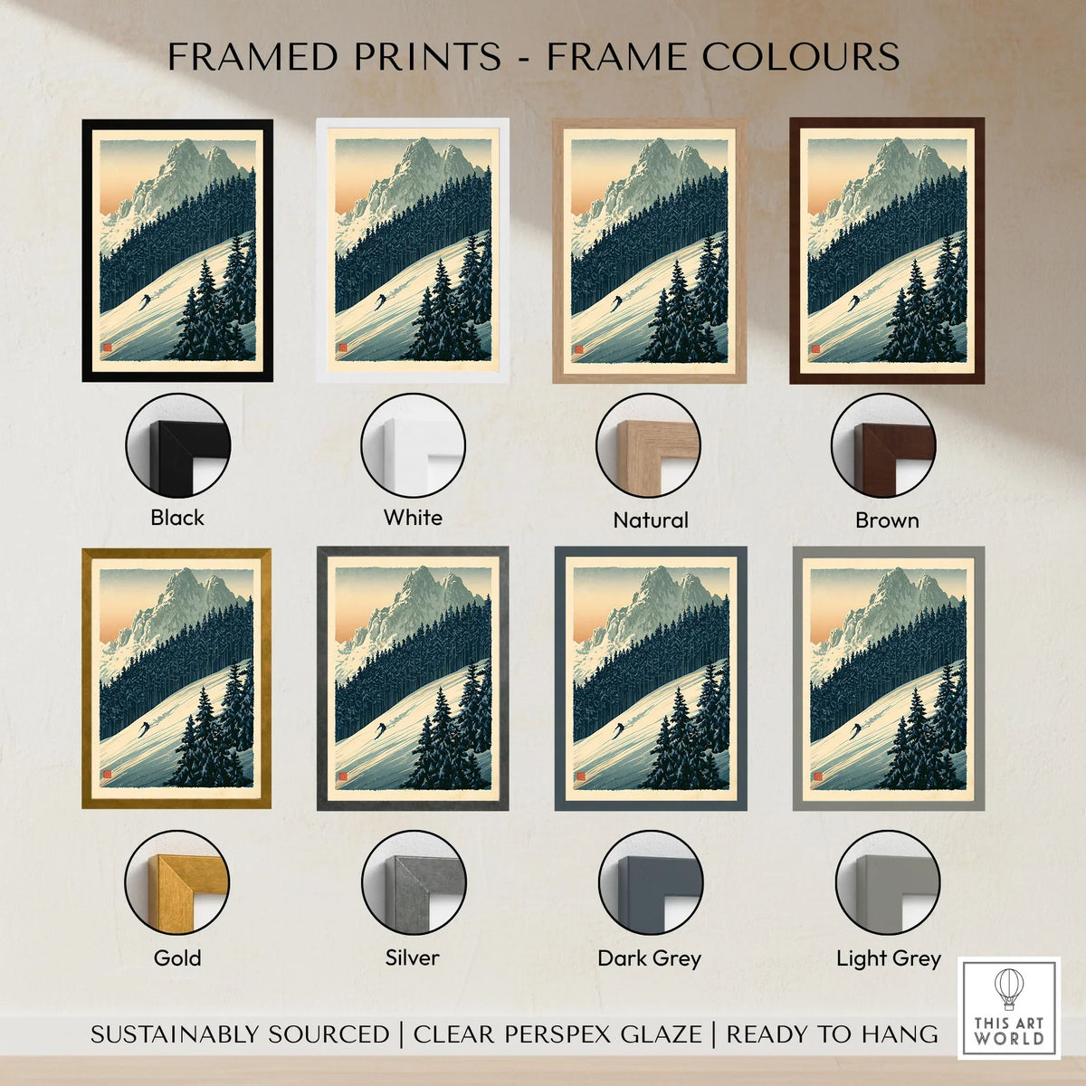 Alpine Ski Poster – Vintage Mountain Forest Wall Art — framed print colour options