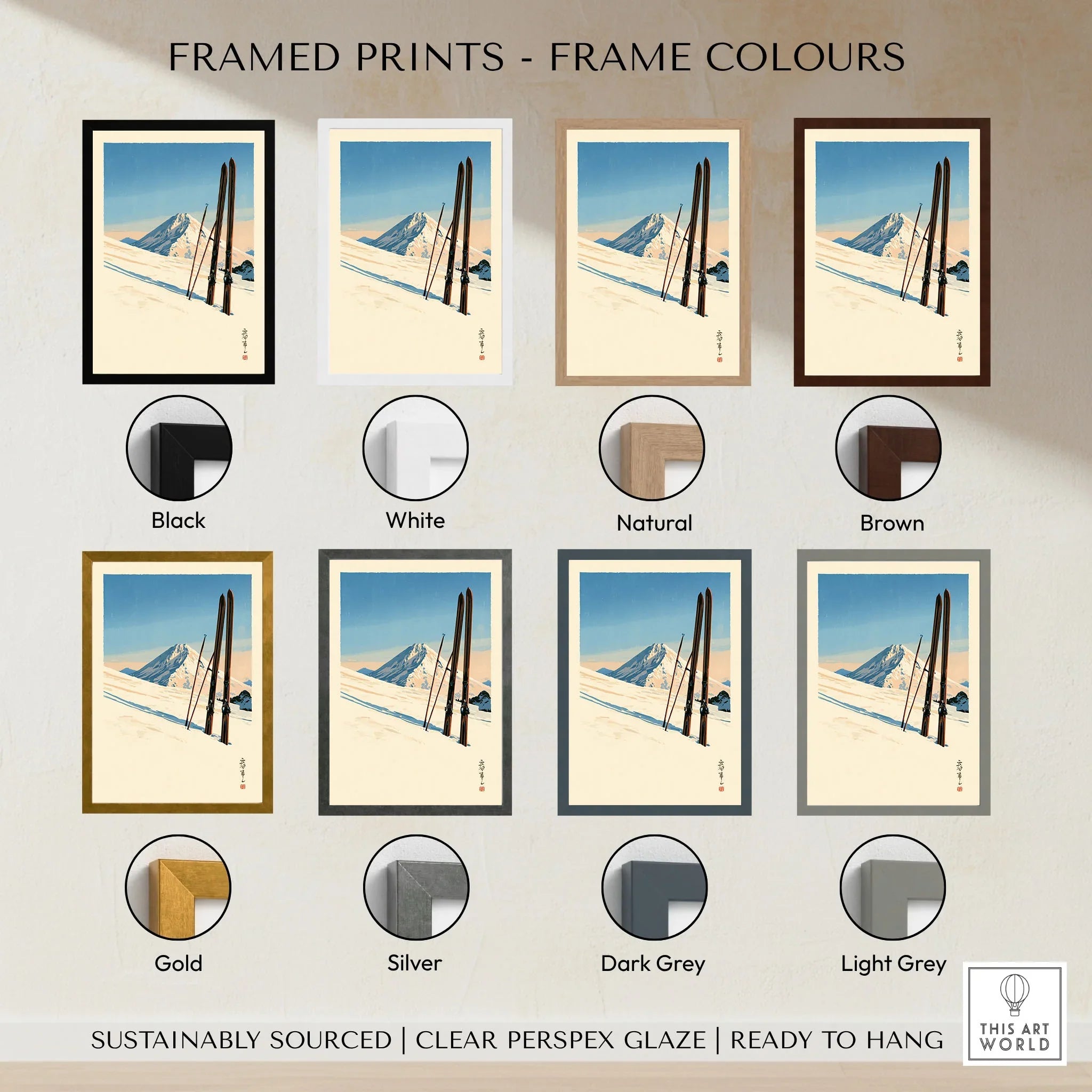 Vintage Ski Print – Japanese Woodblock Mountain Wall Art — framed print colour options