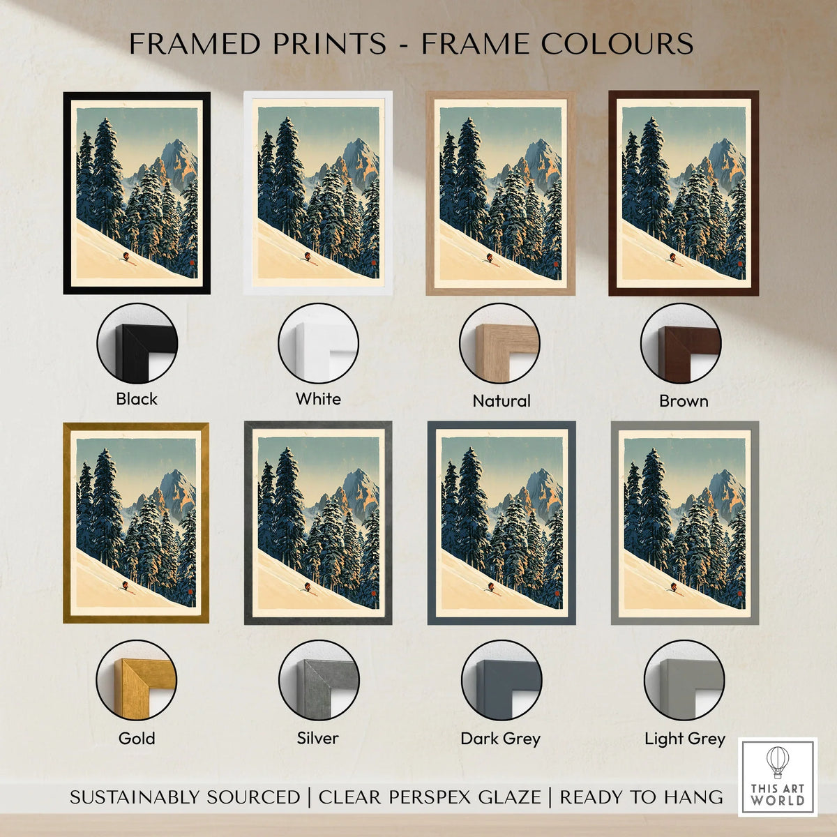 Ski Run Art Print – Vintage Alpine Forest Wall Art — framed print colour options