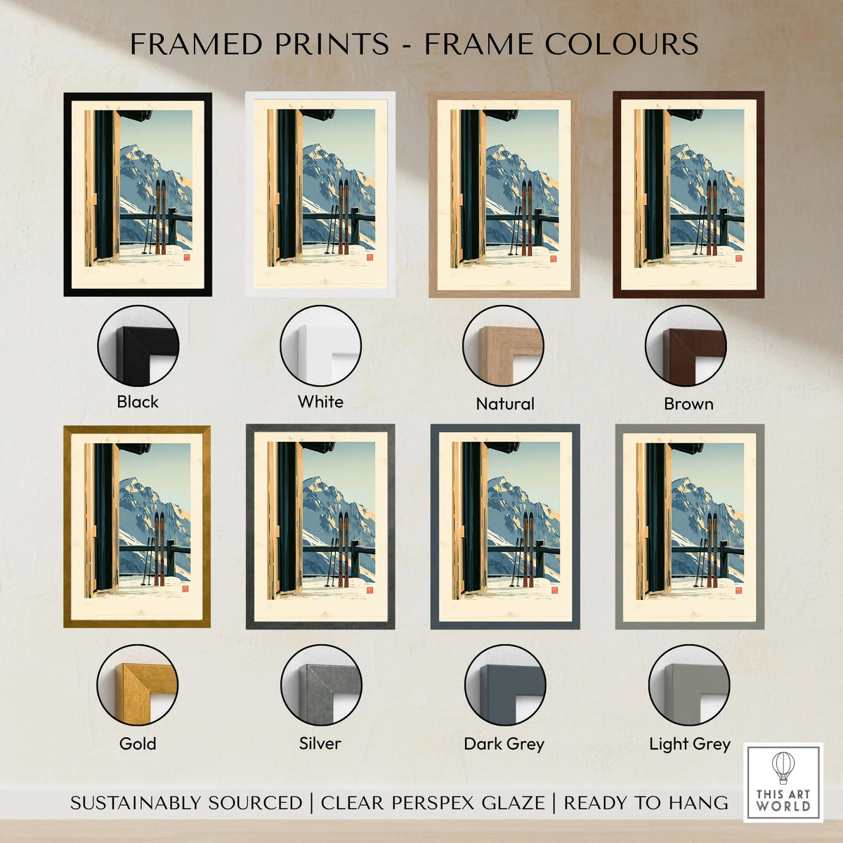Chalet Ski Poster – Vintage Alpine Balcony Wall Art — framed print colour options