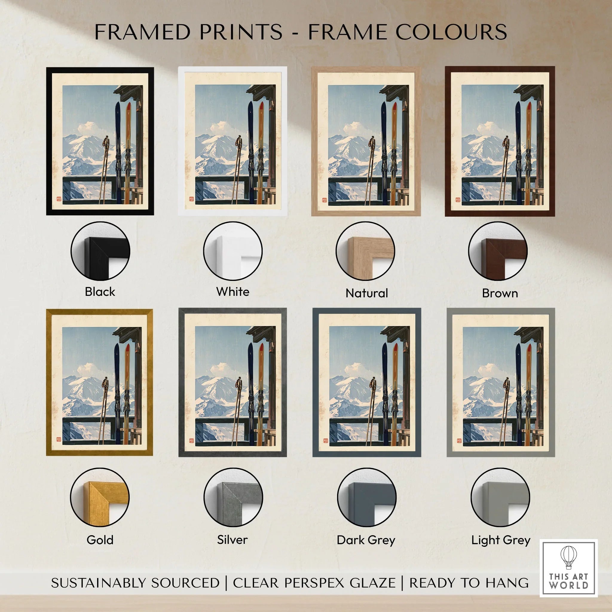 Vintage Skis Art Print – Alpine Chalet Balcony Wall Art — framed print colour options
