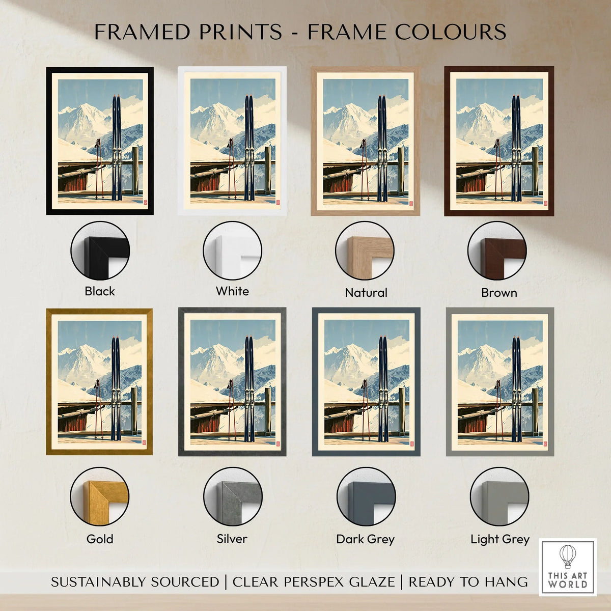 Retro Ski Poster – Vintage Skis Alpine Wall Art — framed print colour options