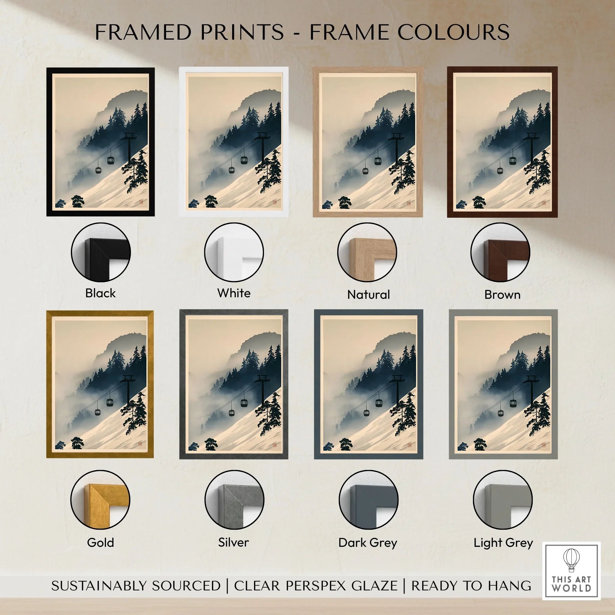 Ski Lift in Mist Print – Vintage Alpine Wall Art — framed print colour options