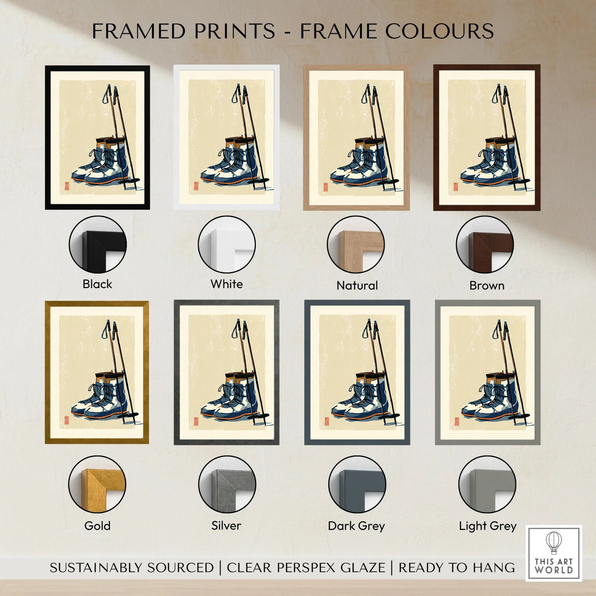 Vintage Ski Boots Art Print – Retro Ski Poster Wall Art — framed print colour options