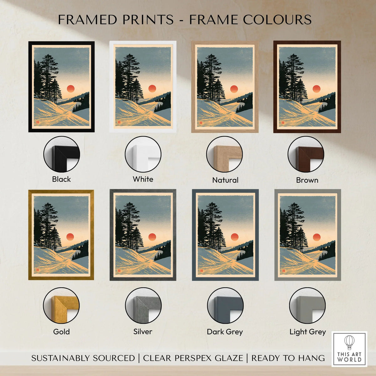Ski Sunset Poster – Vintage Japanese Alpine Wall Art — framed print colour options