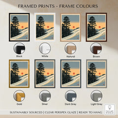 Winter Sunset Ski Print – Vintage Alpine Wall Art — framed print colour options