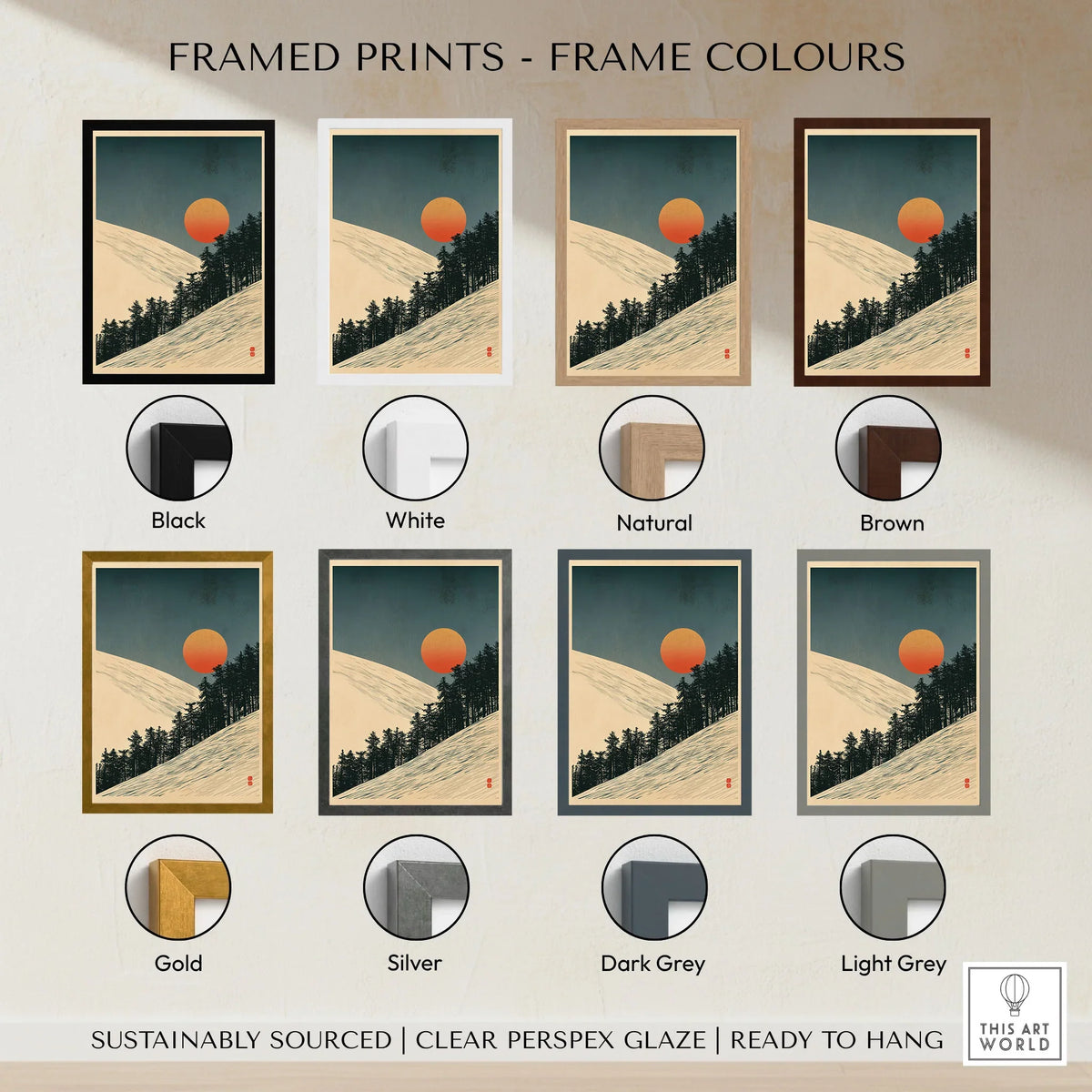 Ski Slope Art Print – Vintage Winter Sunset Wall Art — framed print colour options