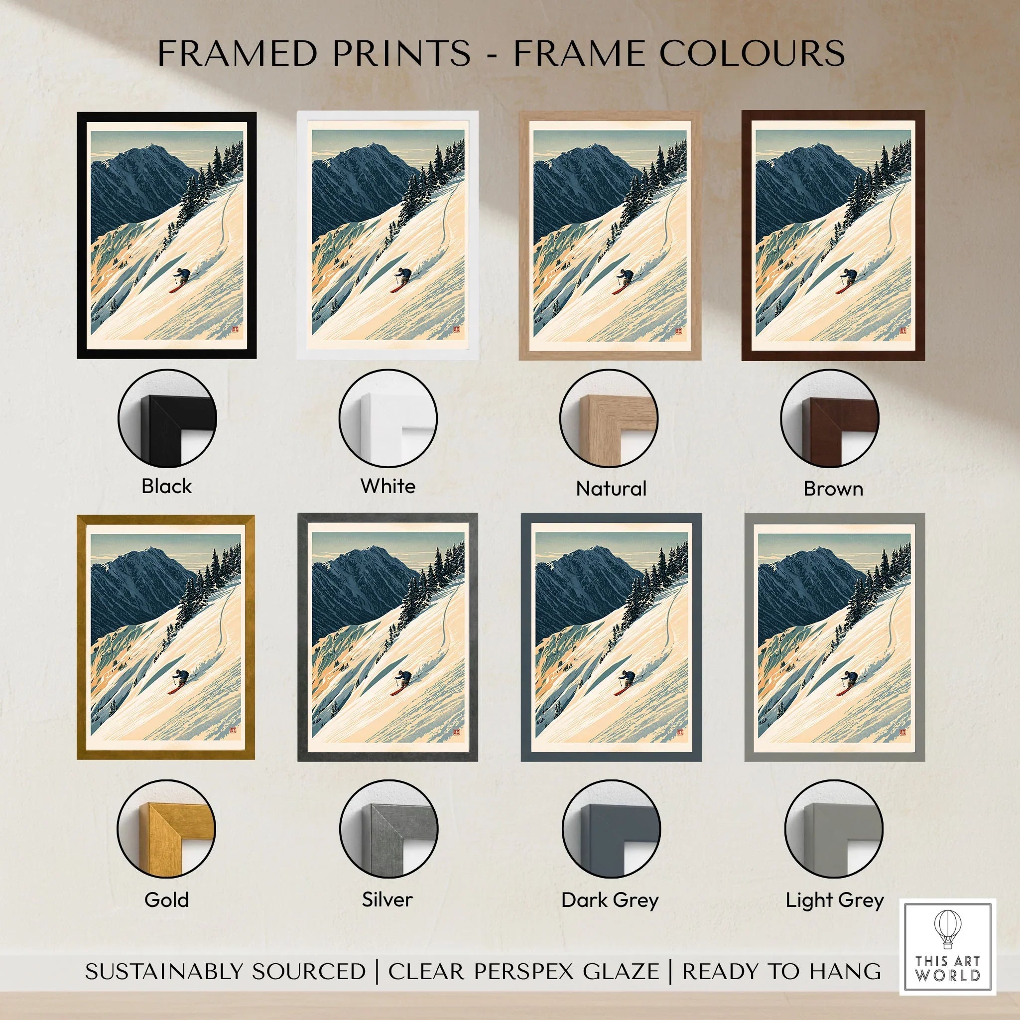 Powder Skiing Poster – Vintage Alpine Ski Wall Art — framed print colour options