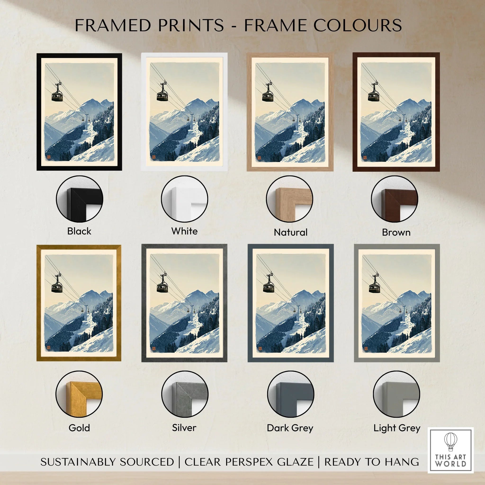 Ski Lift Art Print – Vintage Alpine Gondola Wall Art — framed print colour options