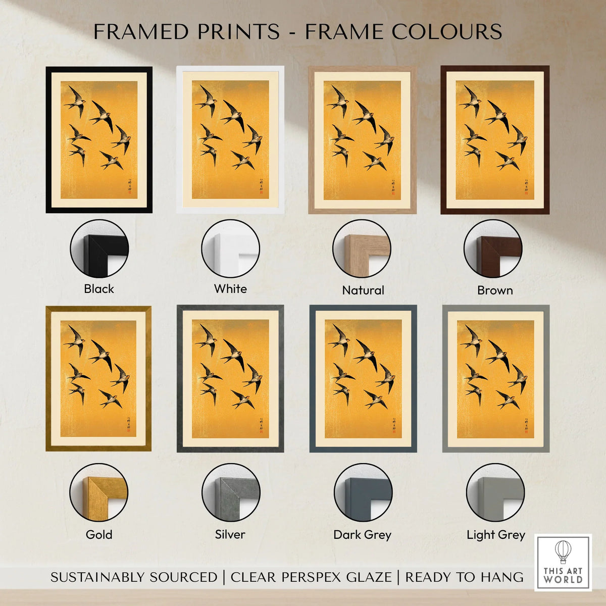 Swallows Art Print – Gold Japanese Bird Wall Art — framed print colour options