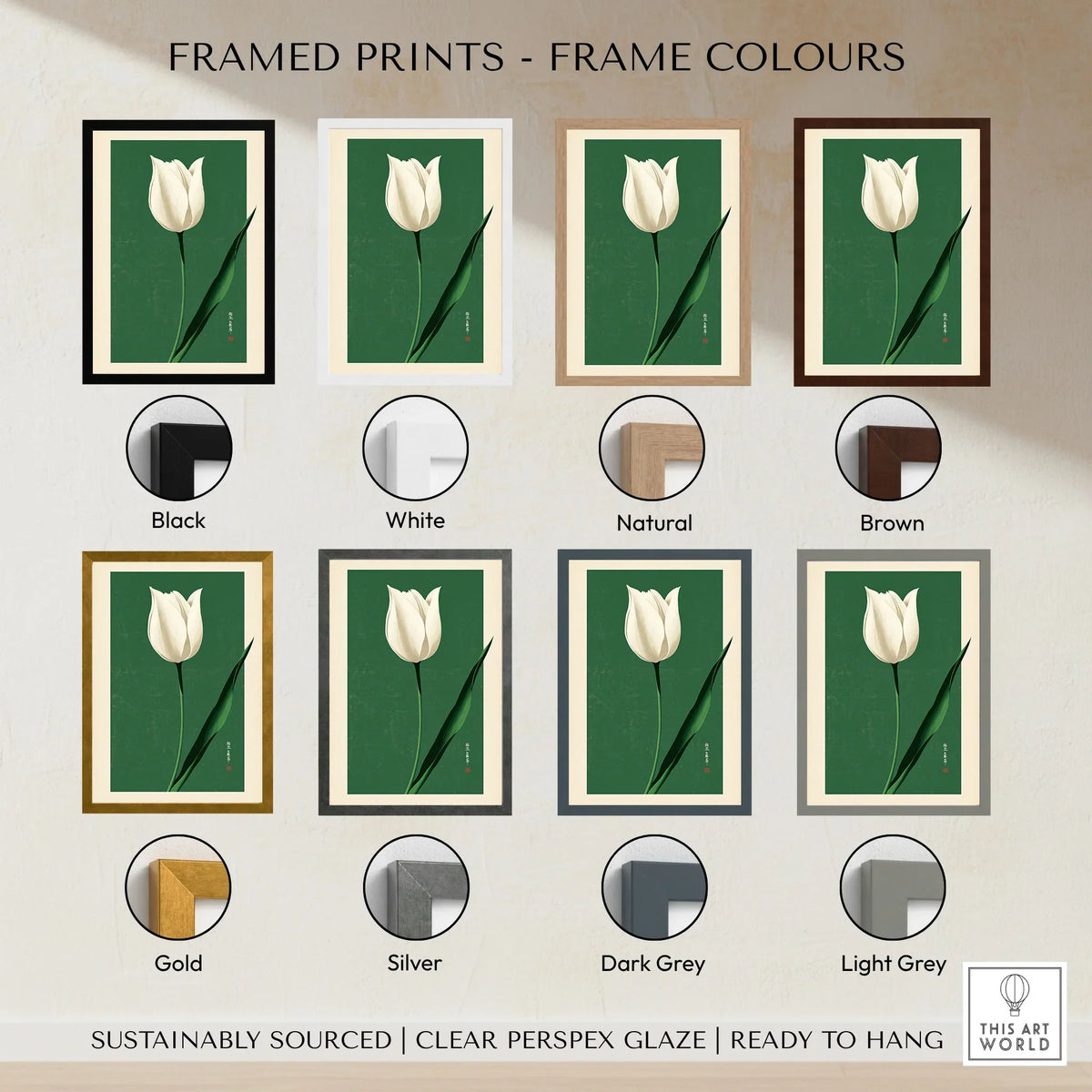 White Tulip Art Print – Green Japanese Botanical Wall Art — framed print colour options