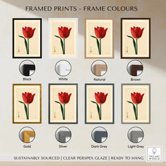 Deep Red Tulip Wall Art – Japanese Botanical Print — framed print colour options