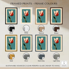 Striped Tulip Art Print – Blue Japanese Botanical Wall Art — framed print colour options
