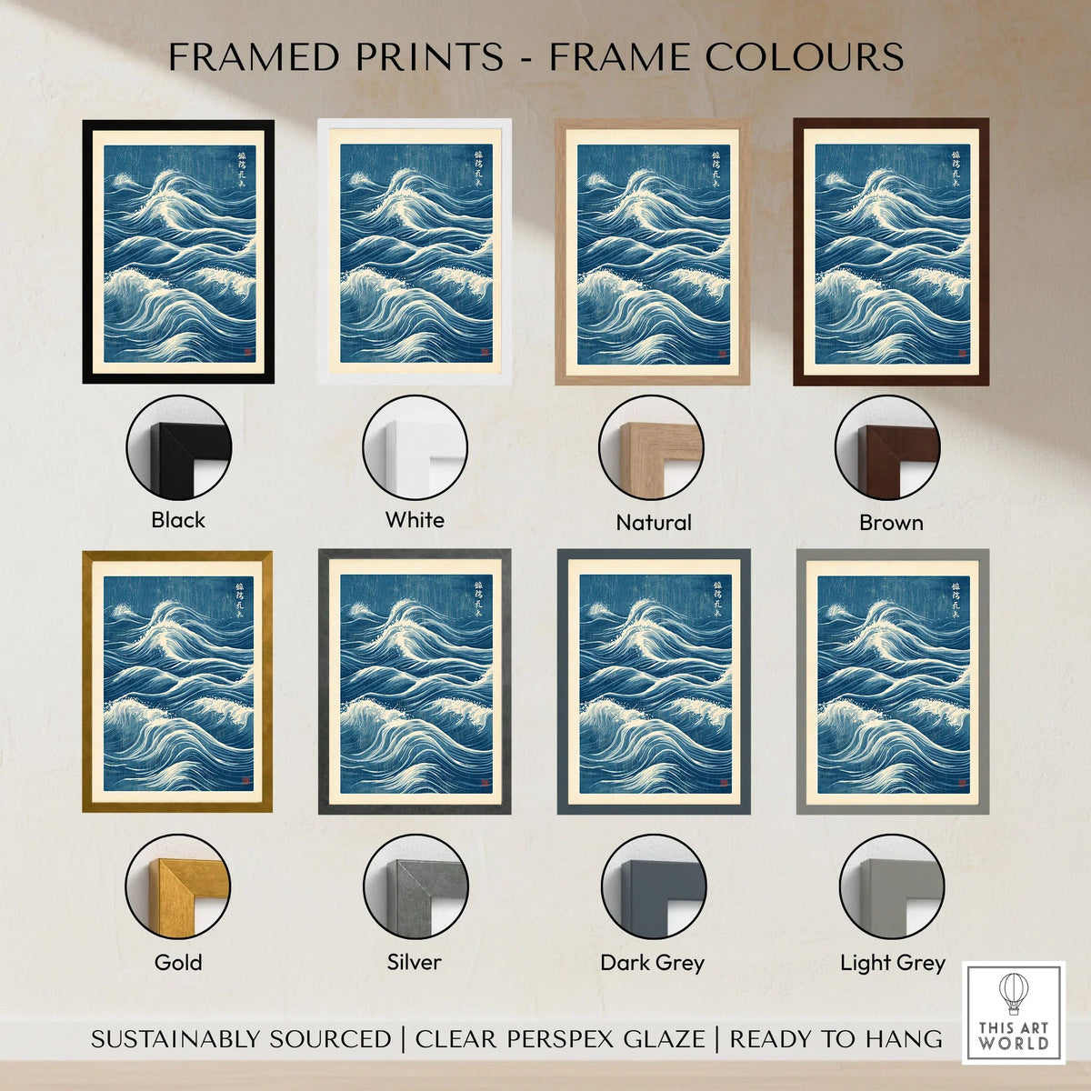 Japanese Waves Wall Art – Vintage Blue Ocean Print — framed print colour options