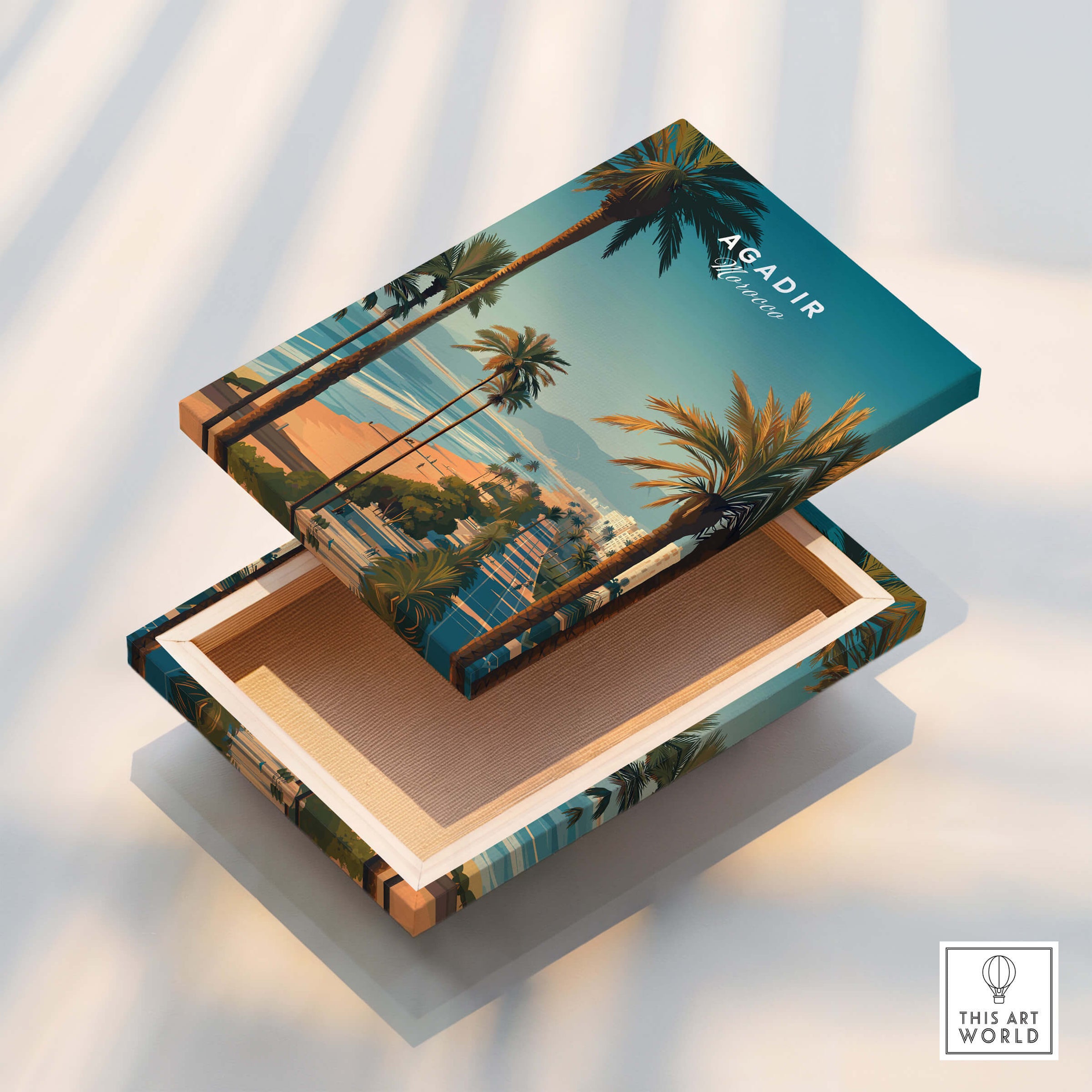 Agadir Travel Poster Print Morocco - Palm Trees wooden box with tropical scenery and palm trees design