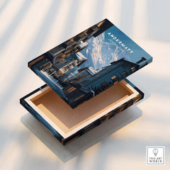 Andermatt Travel Poster – Swiss Alps Winter Village and Chalet Print box with beautiful artwork of Andermatt.
