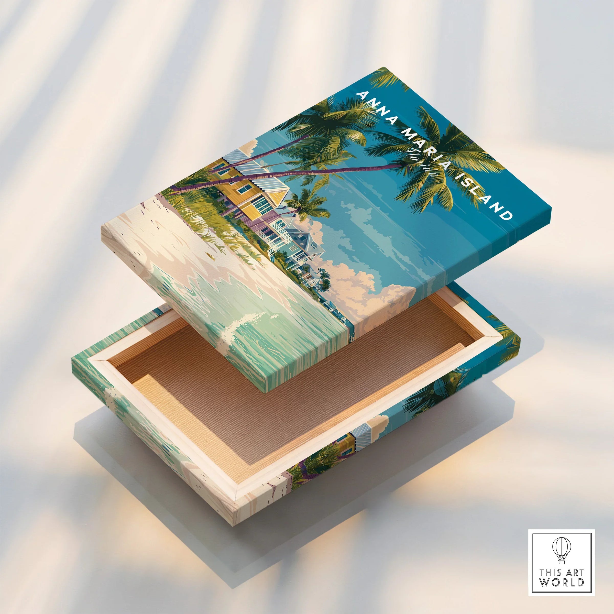 Anna Maria Island beach art box with palm trees and ocean, coastal home decor