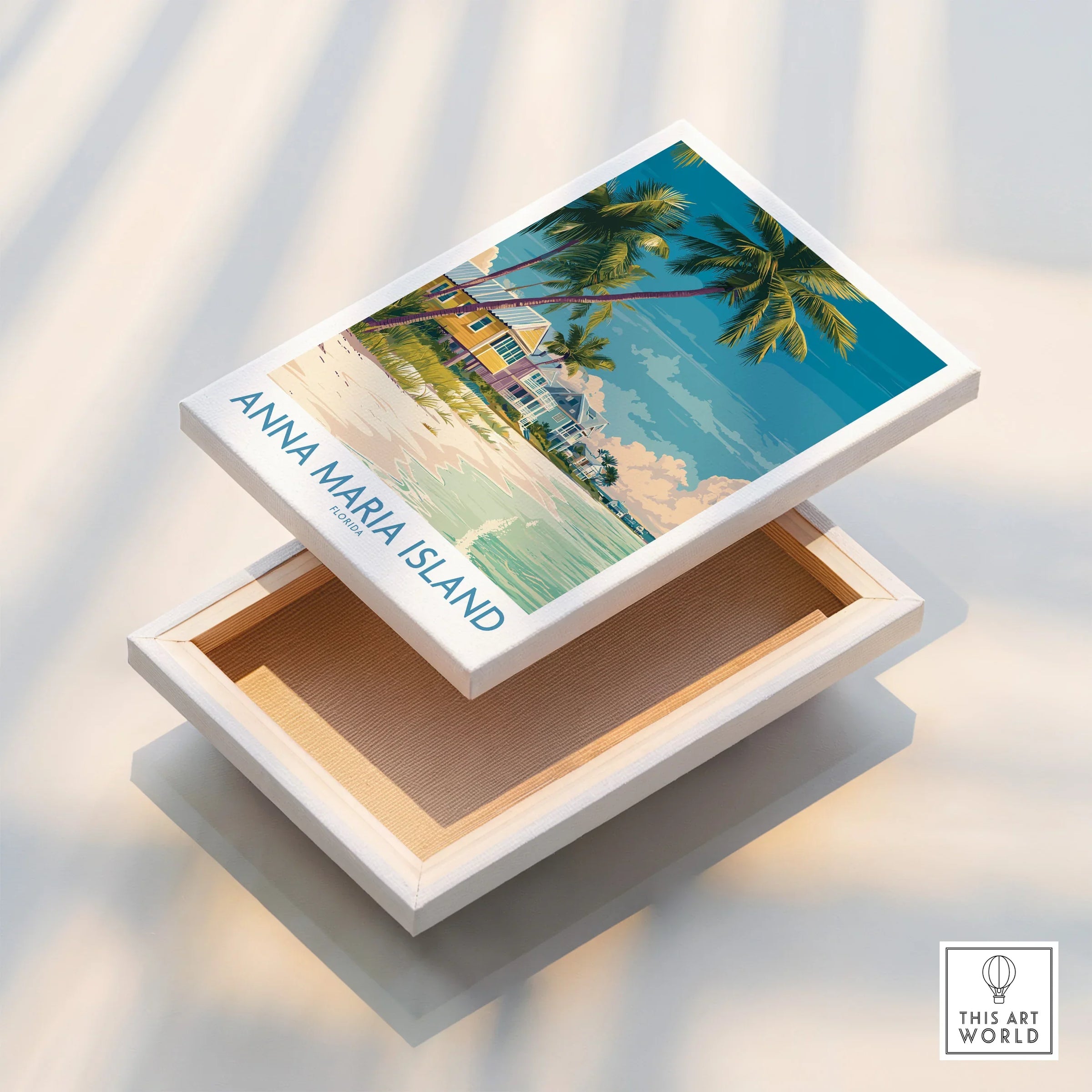 Anna Maria Island stretched canvas print with beach, palm trees, and colorful house