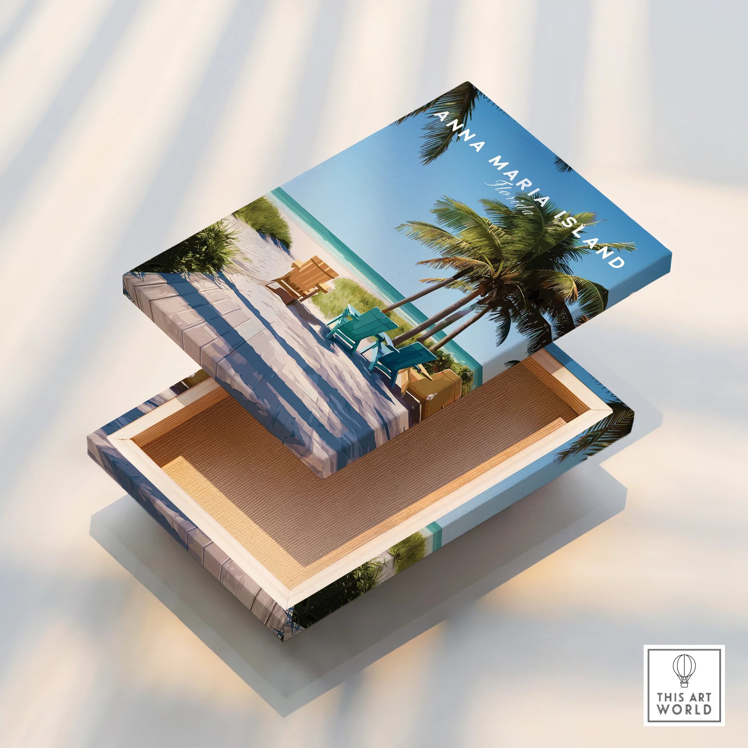 Anna Maria Island beach scene canvas print with palm trees and ocean, floating detail