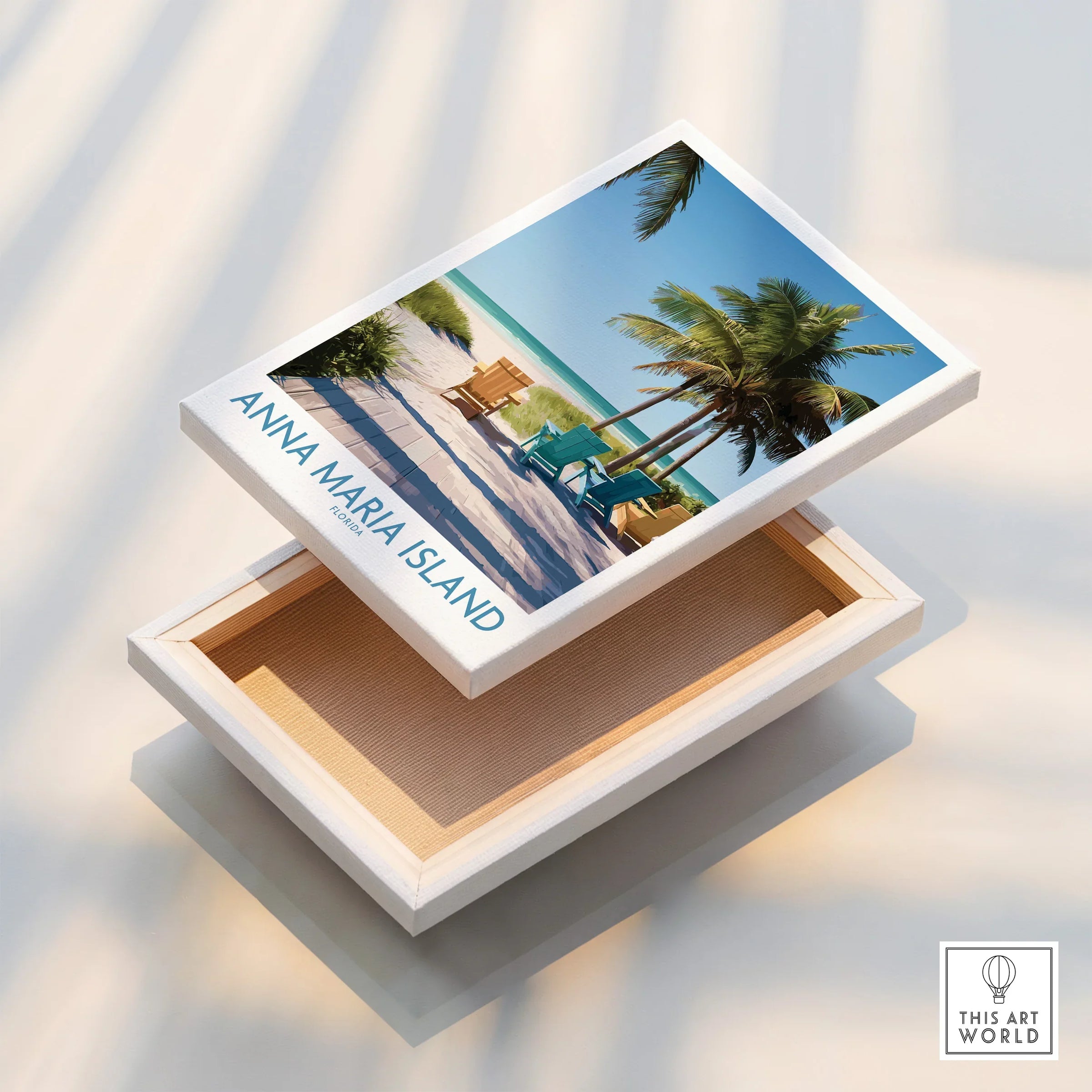 Anna Maria Island beach travel poster on stretched canvas with palm trees and ocean view