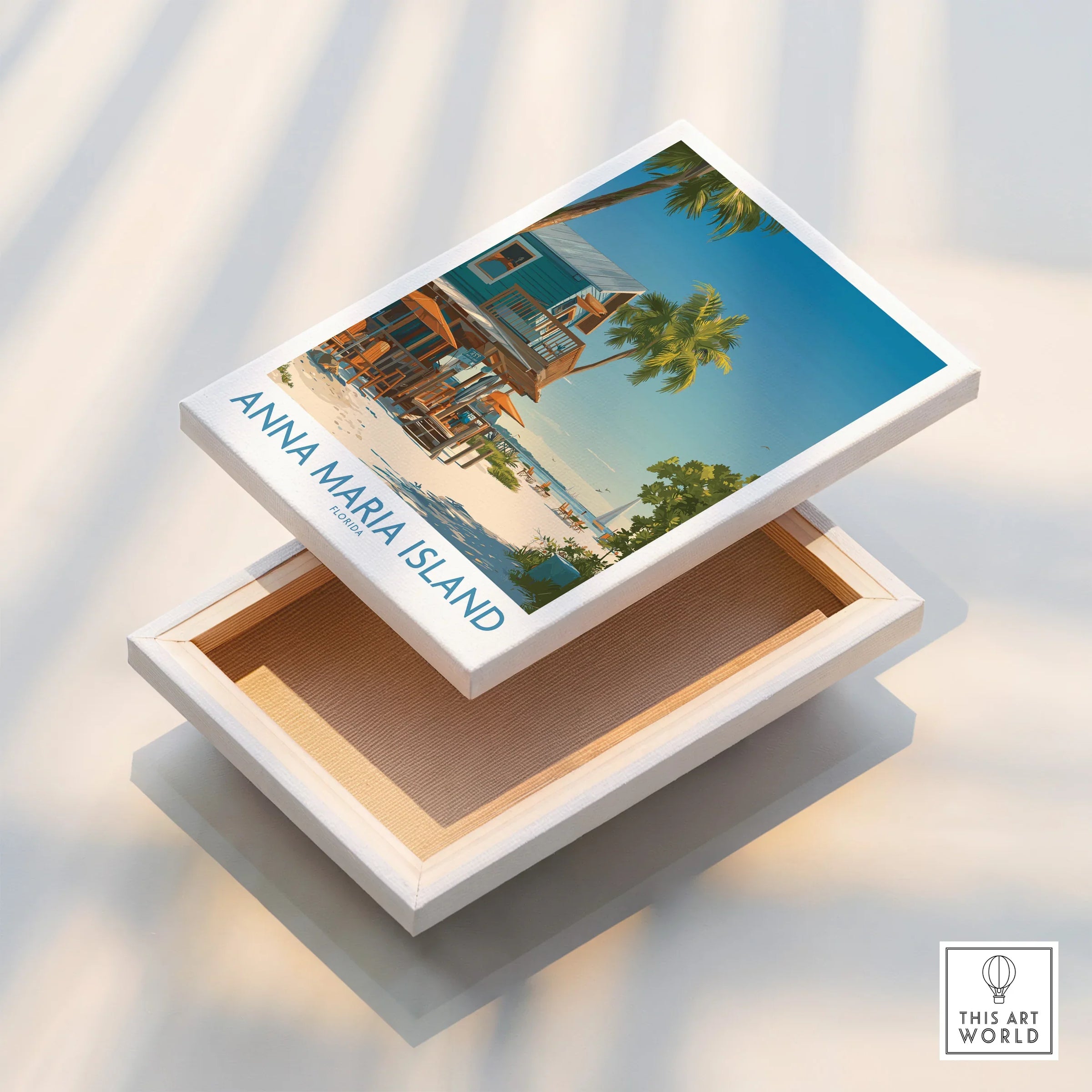 Anna Maria Island canvas print with beach house, palm trees, and ocean, floating frame detail.