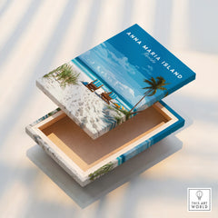 Anna Maria Island Florida beach canvas print with tropical chairs and palm trees, floating frame detail