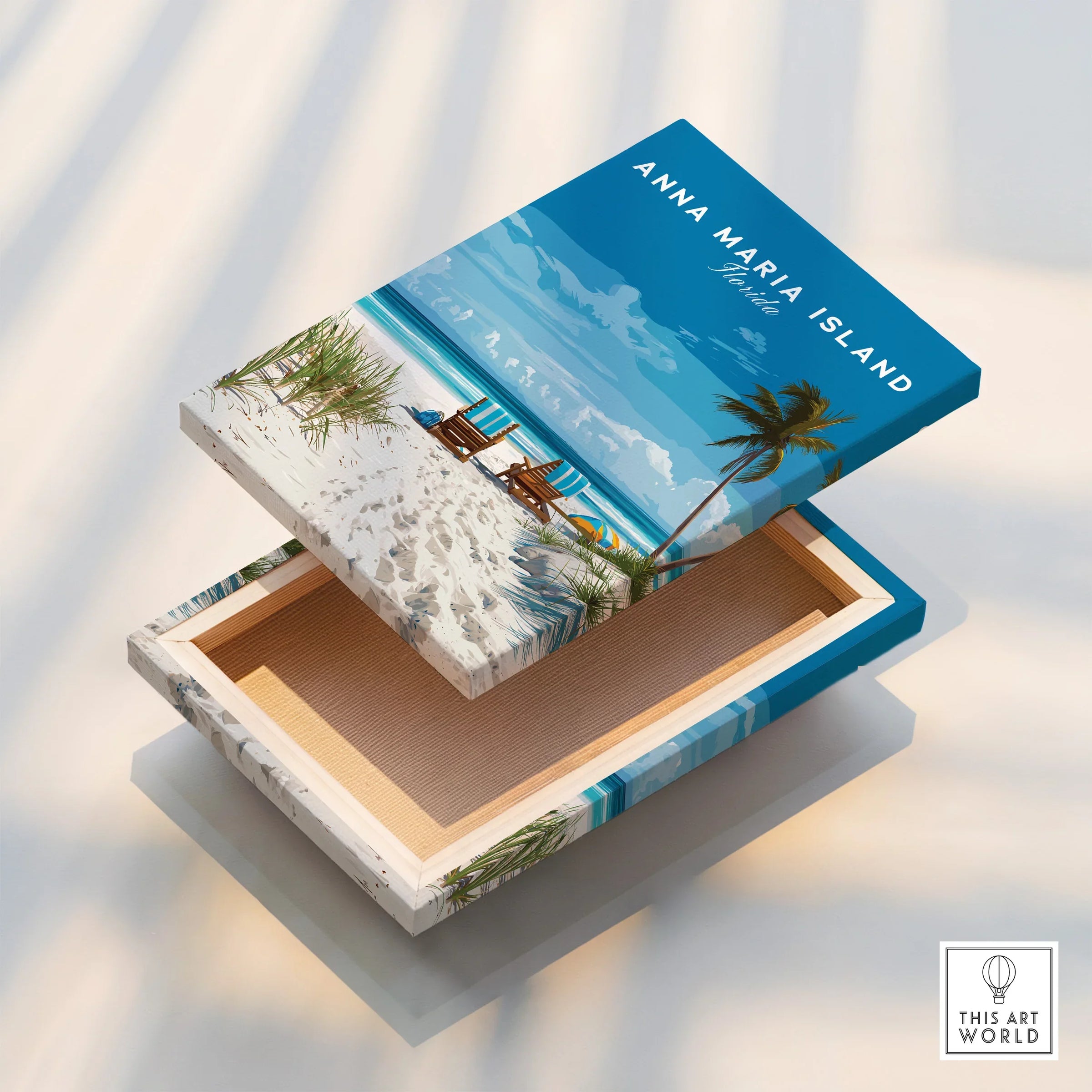 Anna Maria Island Florida beach canvas print with tropical chairs and palm trees, floating frame detail
