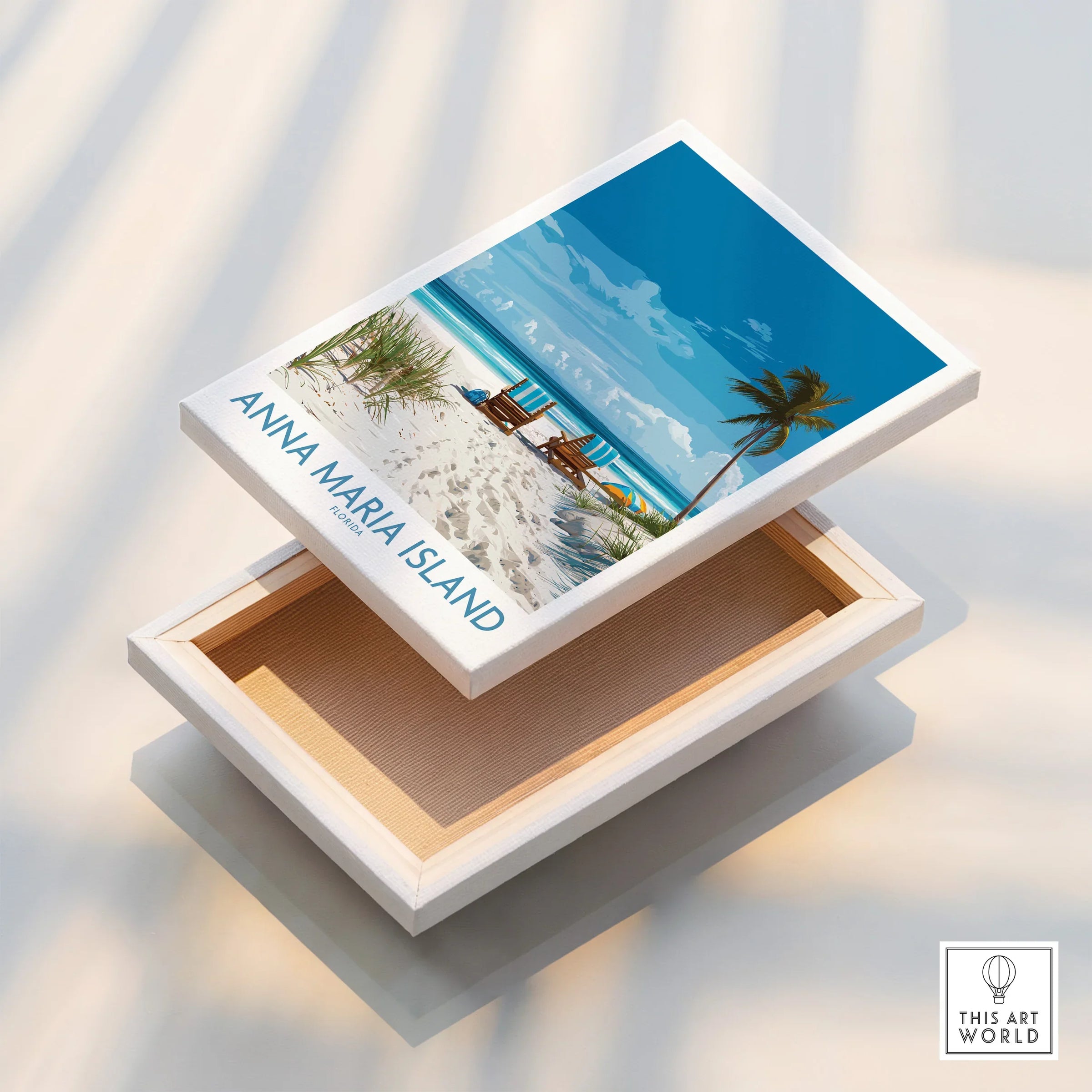 Anna Maria Island beach canvas print with palm tree, sand, ocean, and lounge chairs