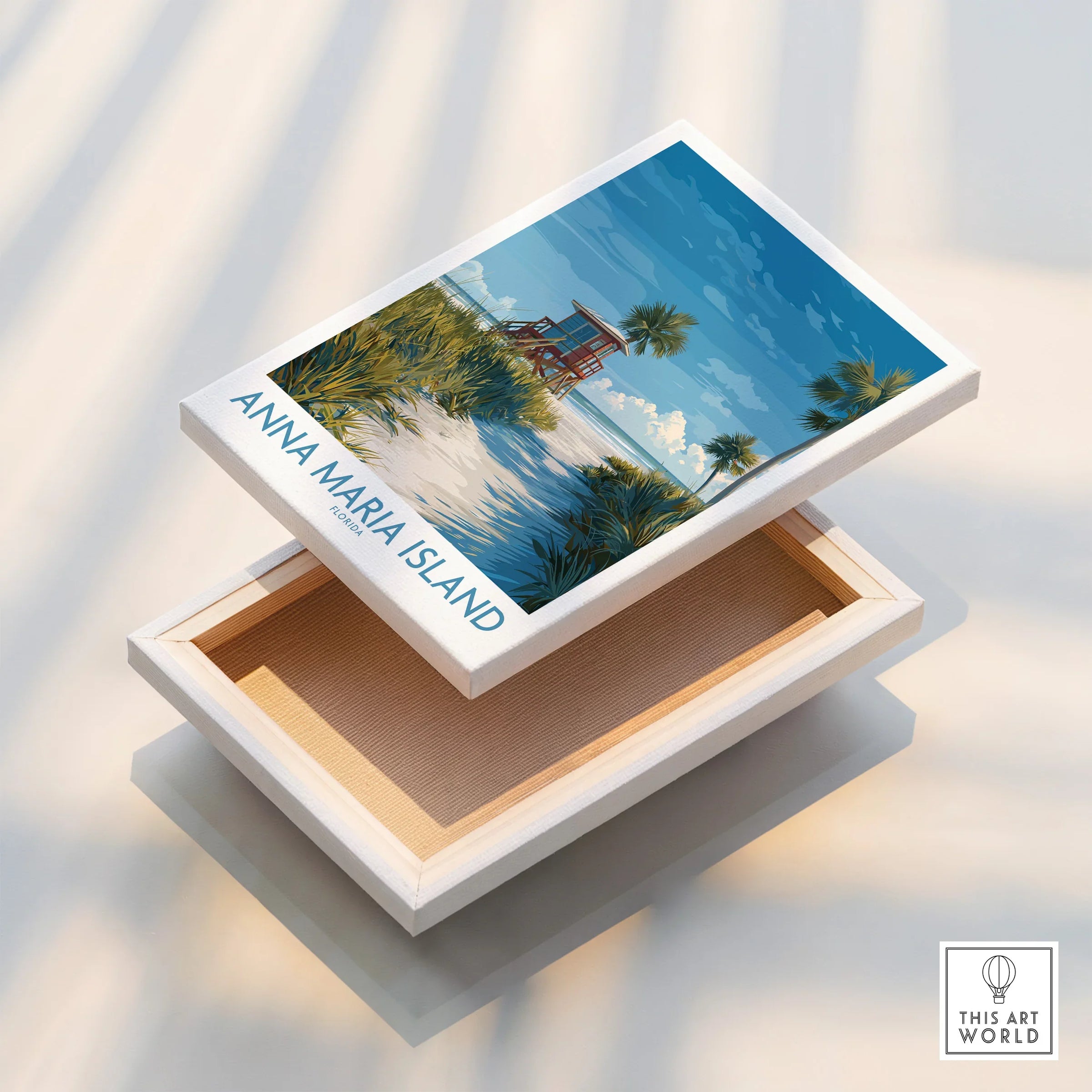 Anna Maria Island stretched canvas wall art print with beach and lifeguard tower illustration