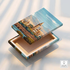 Asmara Travel Poster – Cityscape Skyline and Mountain Landscape Art Print on decorative box showcasing the city's beauty.