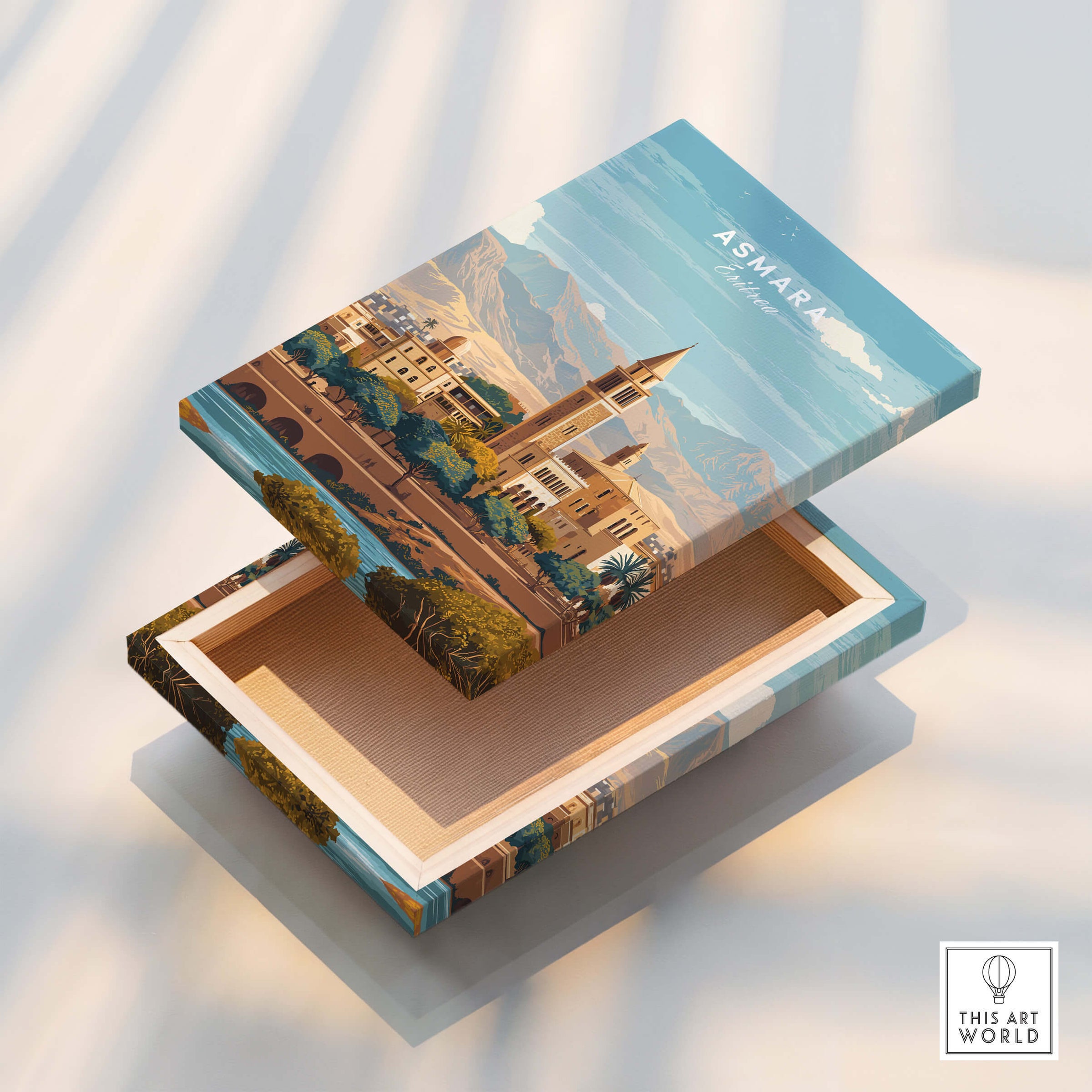 Asmara Travel Poster – Cityscape Skyline and Mountain Landscape Art Print on decorative box showcasing the city's beauty.