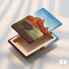 Badlands National Park stretched canvas print with bison and red rock illustration, floating frame detail