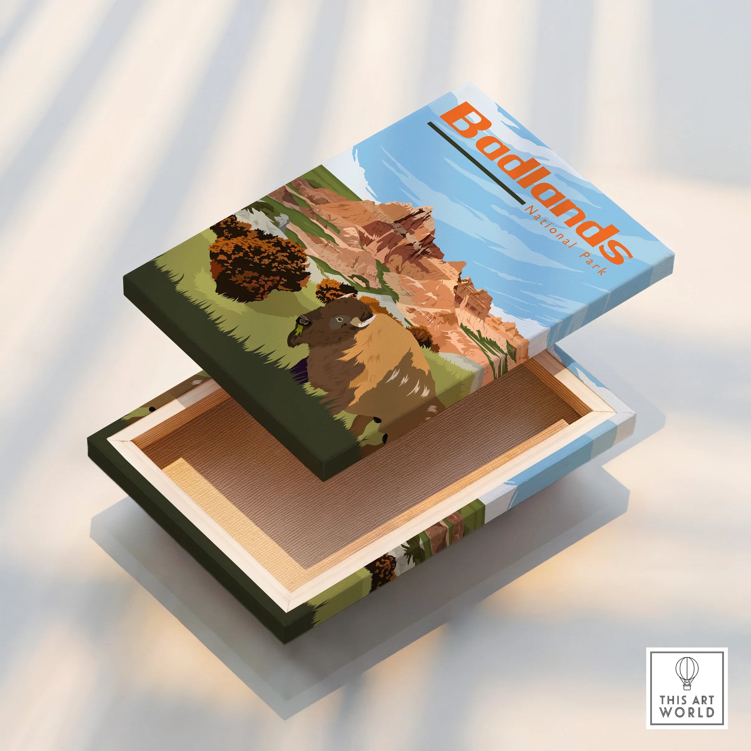 Badlands National Park art print with bison and canyon landscape on a floating canvas box.