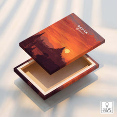 Bagan Travel Poster – Myanmar Ancient Temple Sunset Art box showcasing the breathtaking sunset and ancient pagodas.
