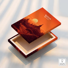 Bagan Travel Poster – Minimalist Temple Wall Art on a decorative box with sunset design inspired by Bagan.
