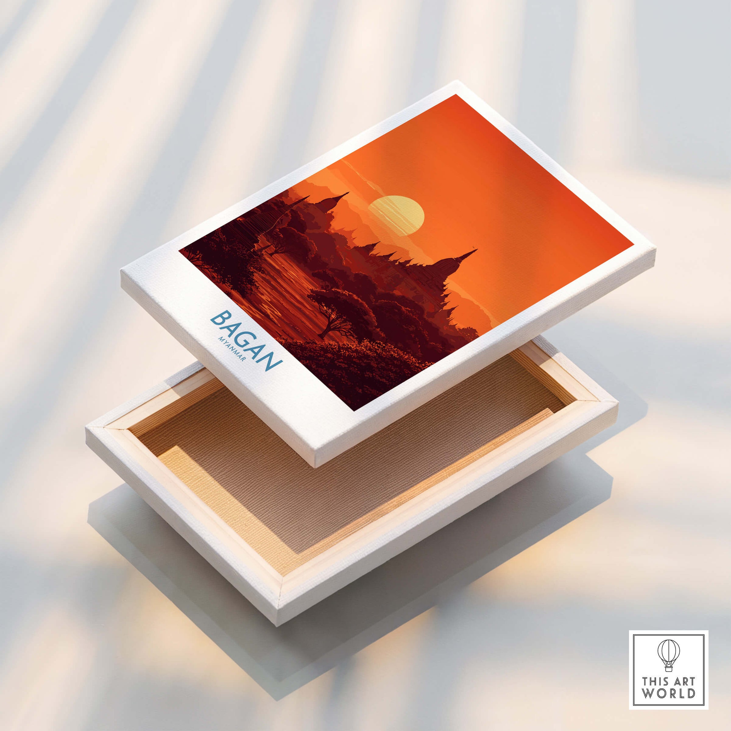 Bagan Myanmar Print – Traditional Pagoda Wall Art displayed on a box showcasing Bagan's architectural beauty.