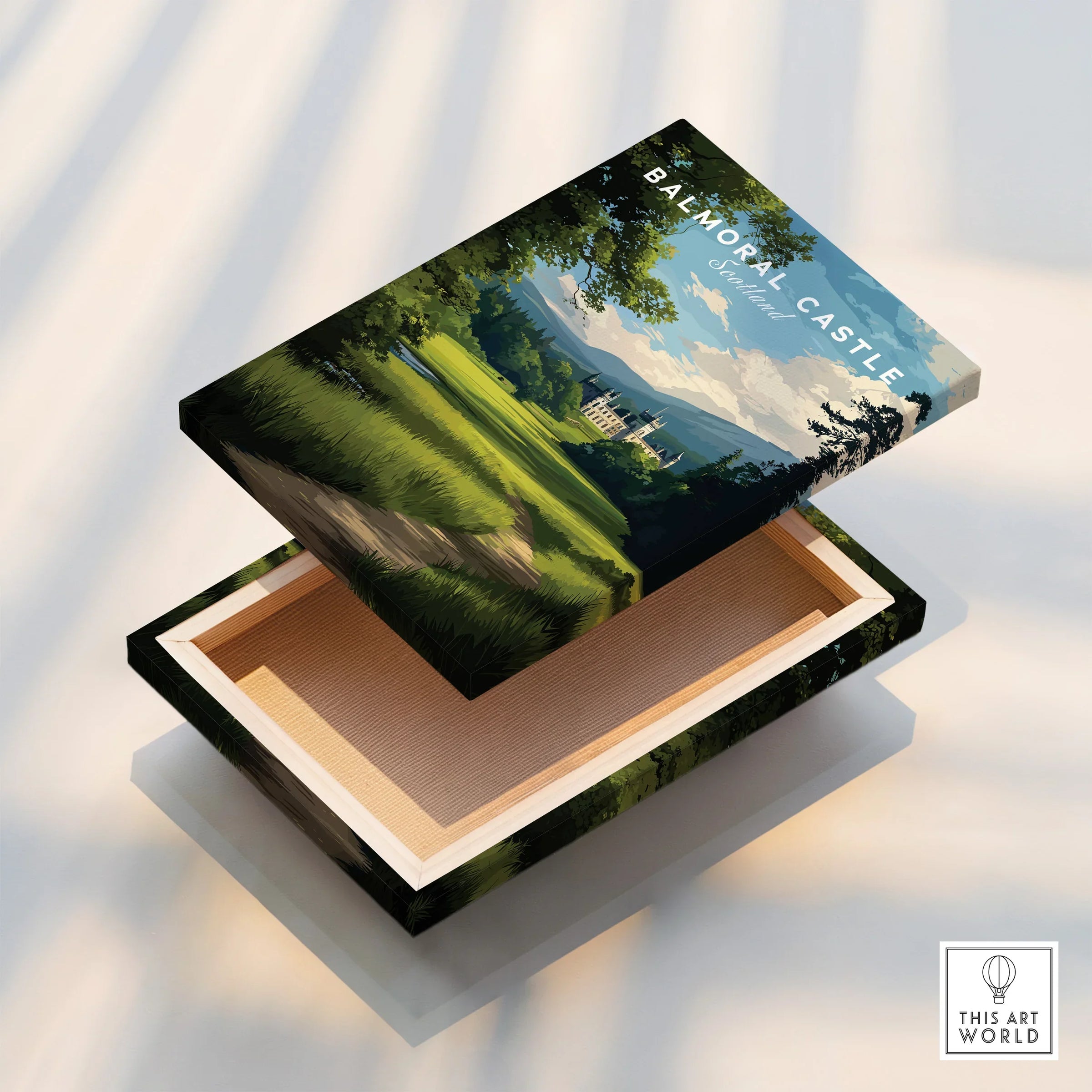 Floating canvas print box with Balmoral Castle Scotland landscape artwork under sunlight