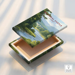 Stretched canvas print with Balmoral Castle landscape, open to reveal floating frame edge.