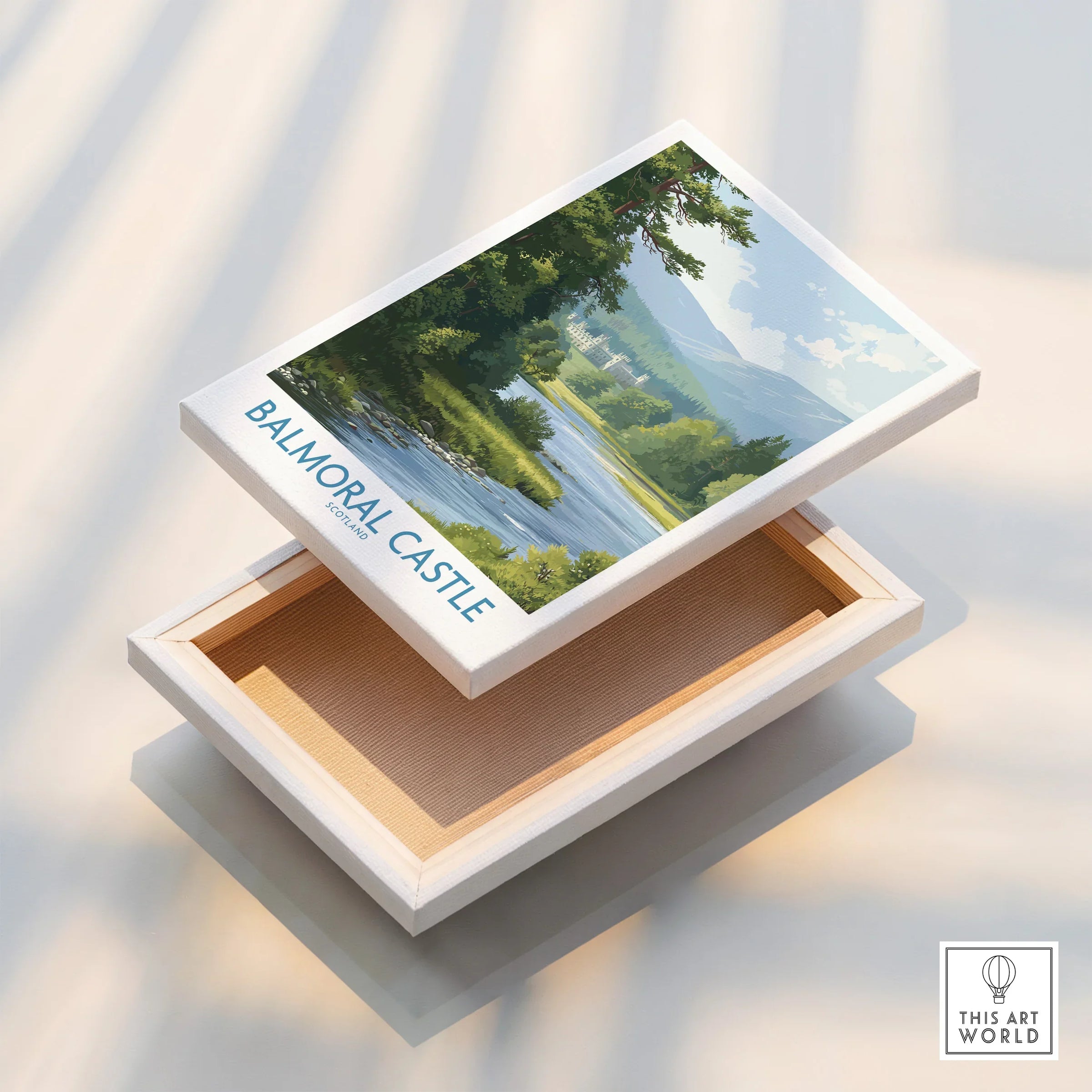 Balmoral Castle scenic travel poster on floating canvas print, river and forest view.