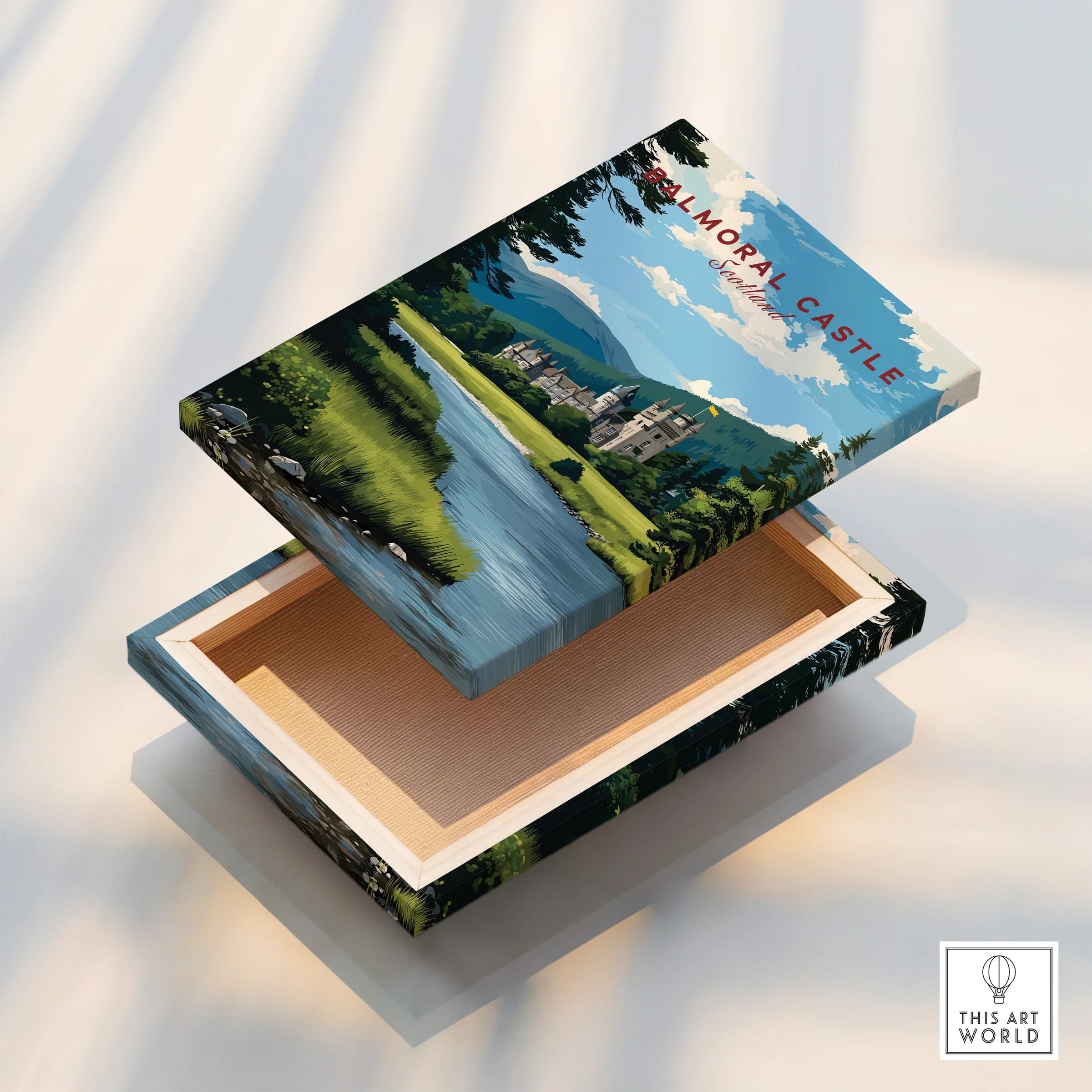 Balmoral Castle travel art print on floating canvas with river, lush greenery, and mountains.