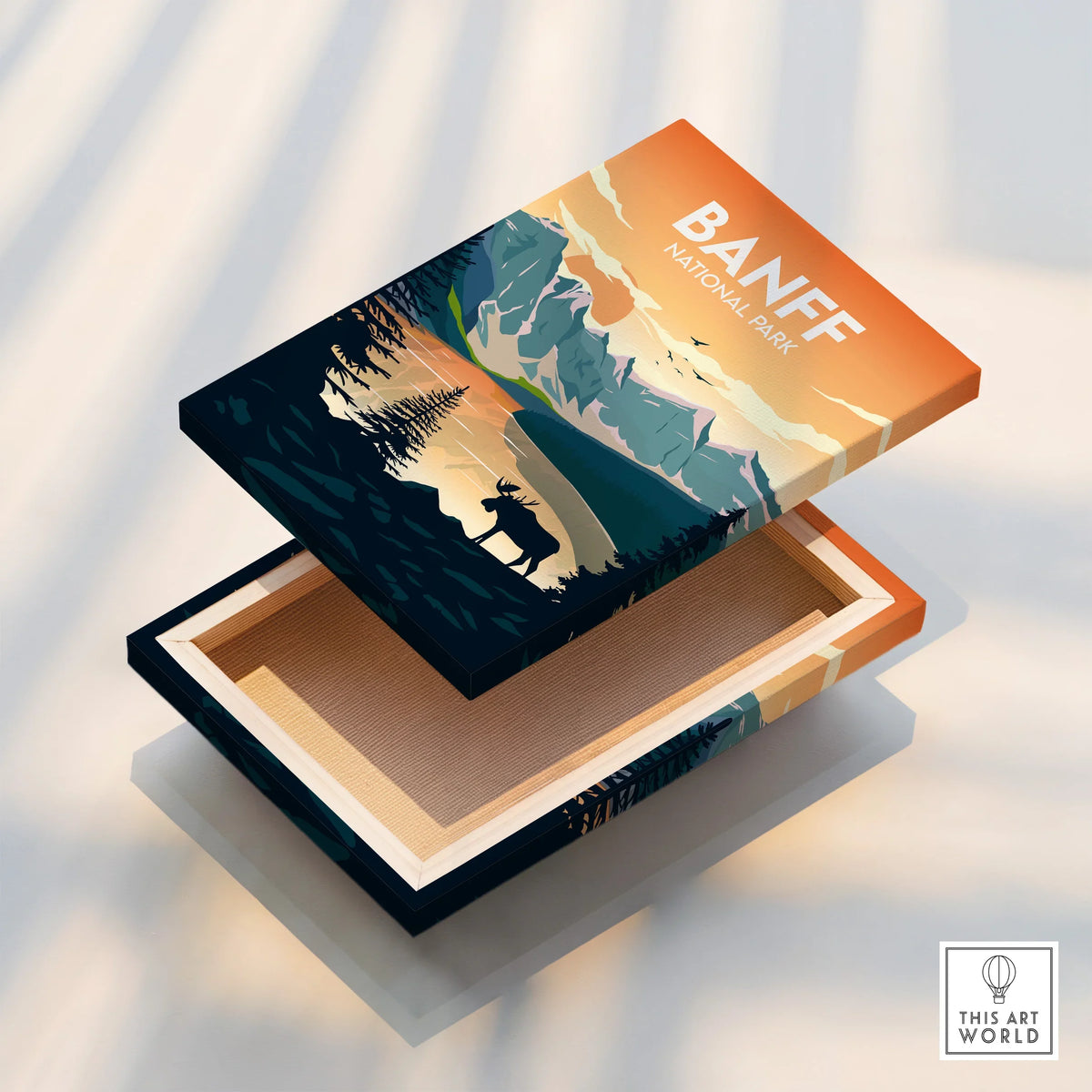 Banff National Park art print on floating canvas with mountain landscape and elk silhouette.