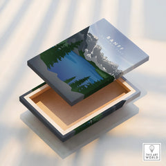 Banff National Park wall art print with lake, mountains, and pine trees on canvas lid