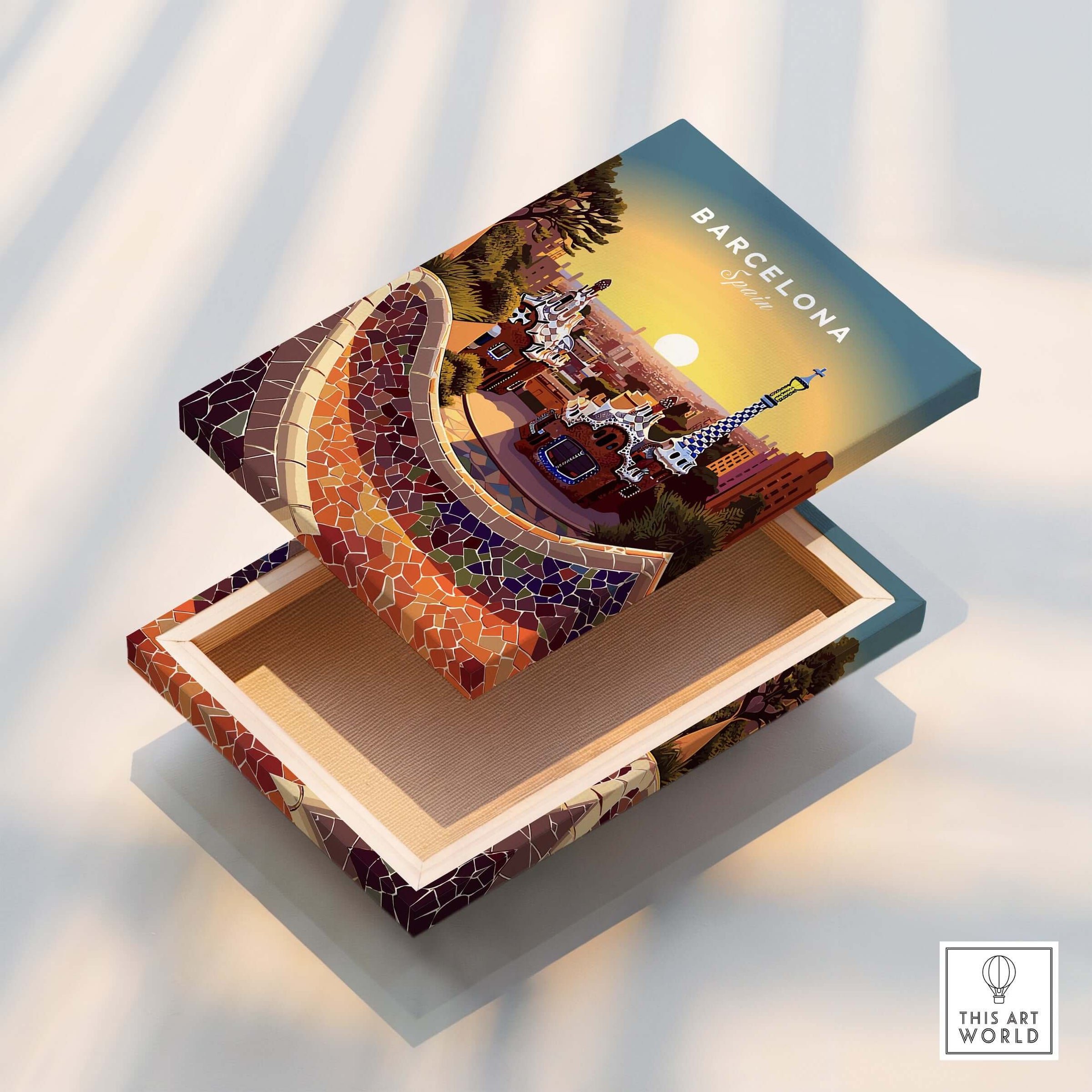 Barcelona Travel Poster Print showcasing Gaudi's architectural marvels and vibrant colors, perfect for home decor.