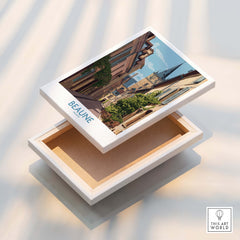 Beaune France Wall Art – Village Print displayed on a wooden box with an artistic village scene.