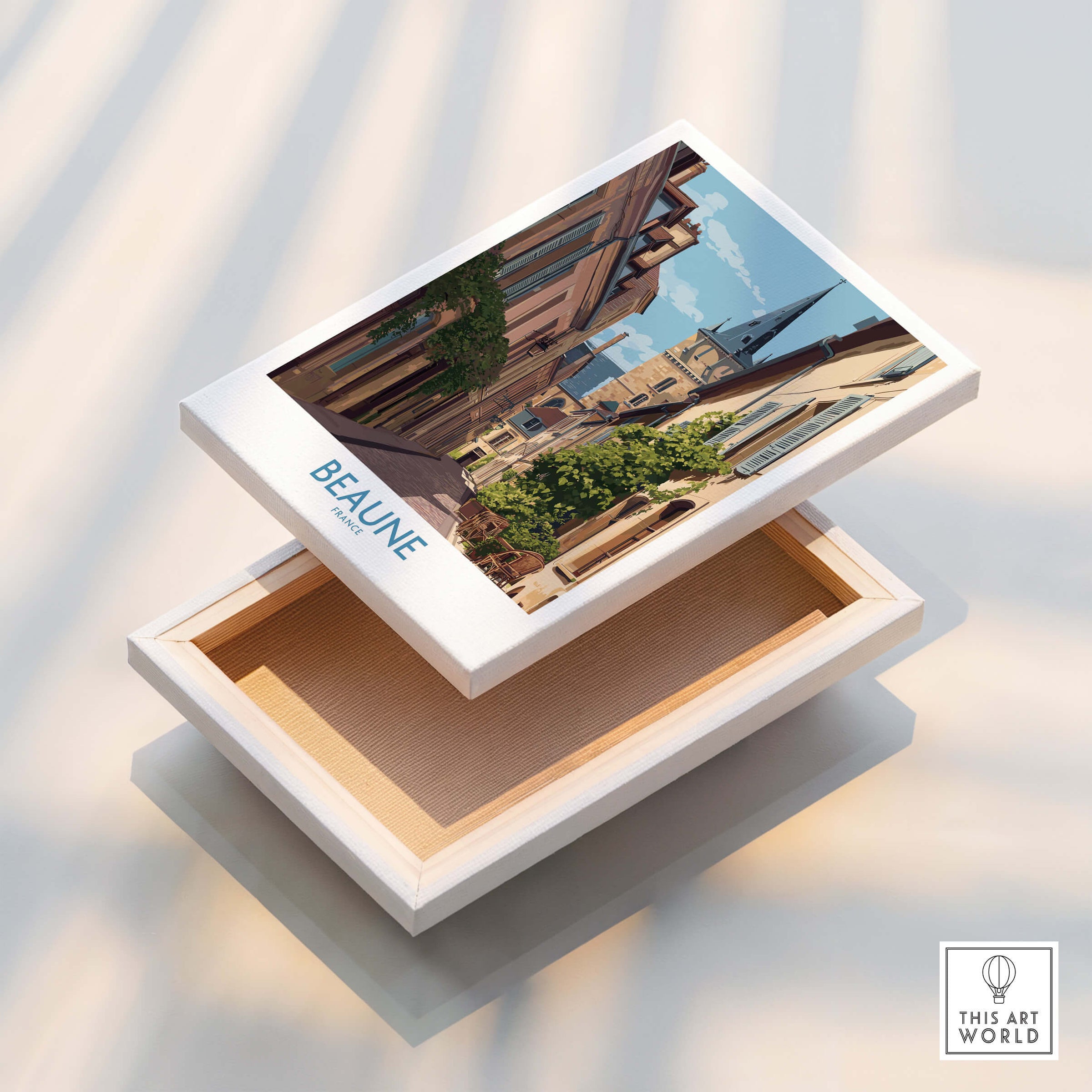 Beaune France Wall Art – Village Print displayed on a wooden box with an artistic village scene.