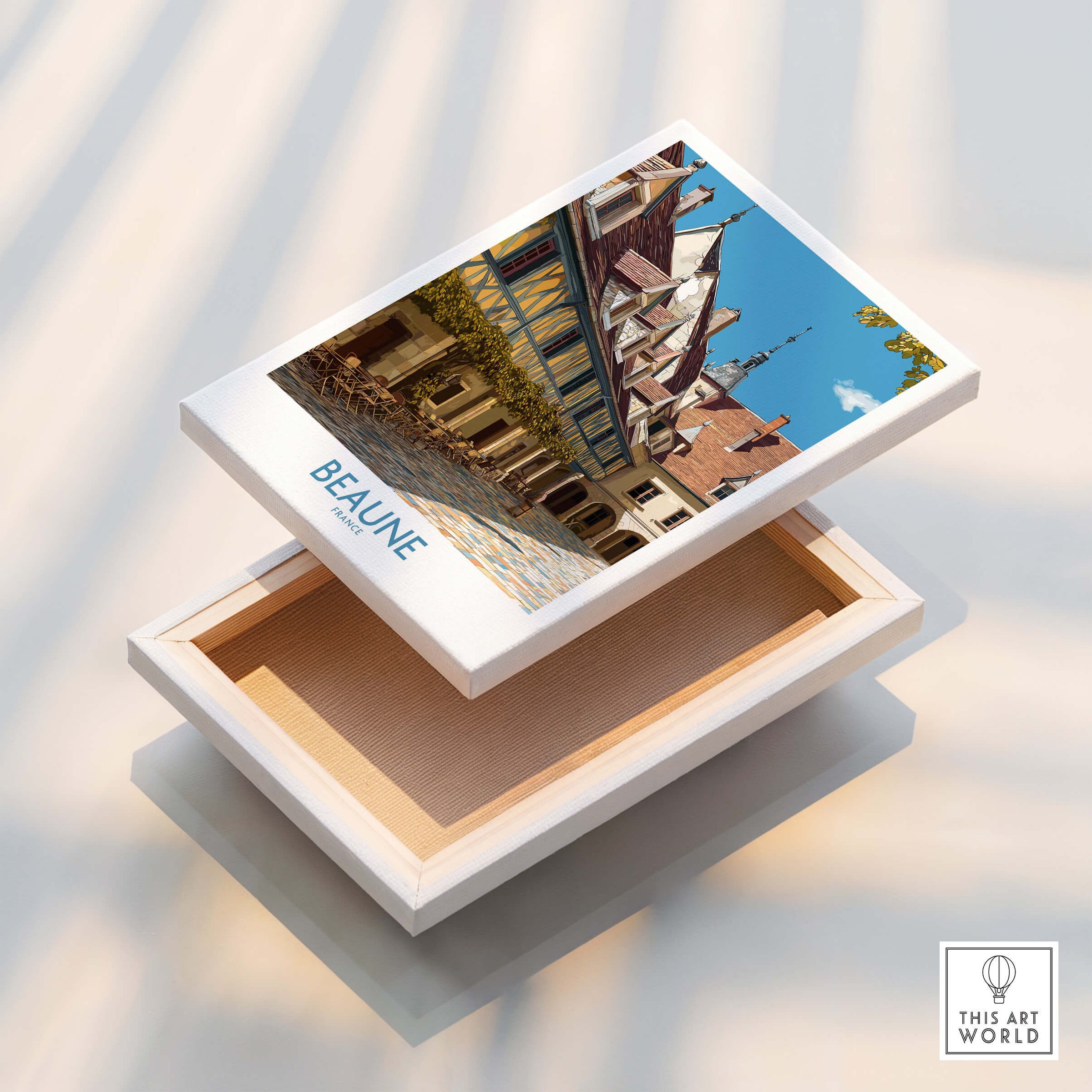 Beaune France Print – Hospices de Beaune Wall Art displayed on a wooden box, showcasing architectural beauty.