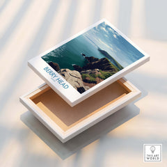 Berry Head Devon Wall Art – English Coast Print displayed on a wooden box showcasing Devon's scenic cliffs and coastline.
