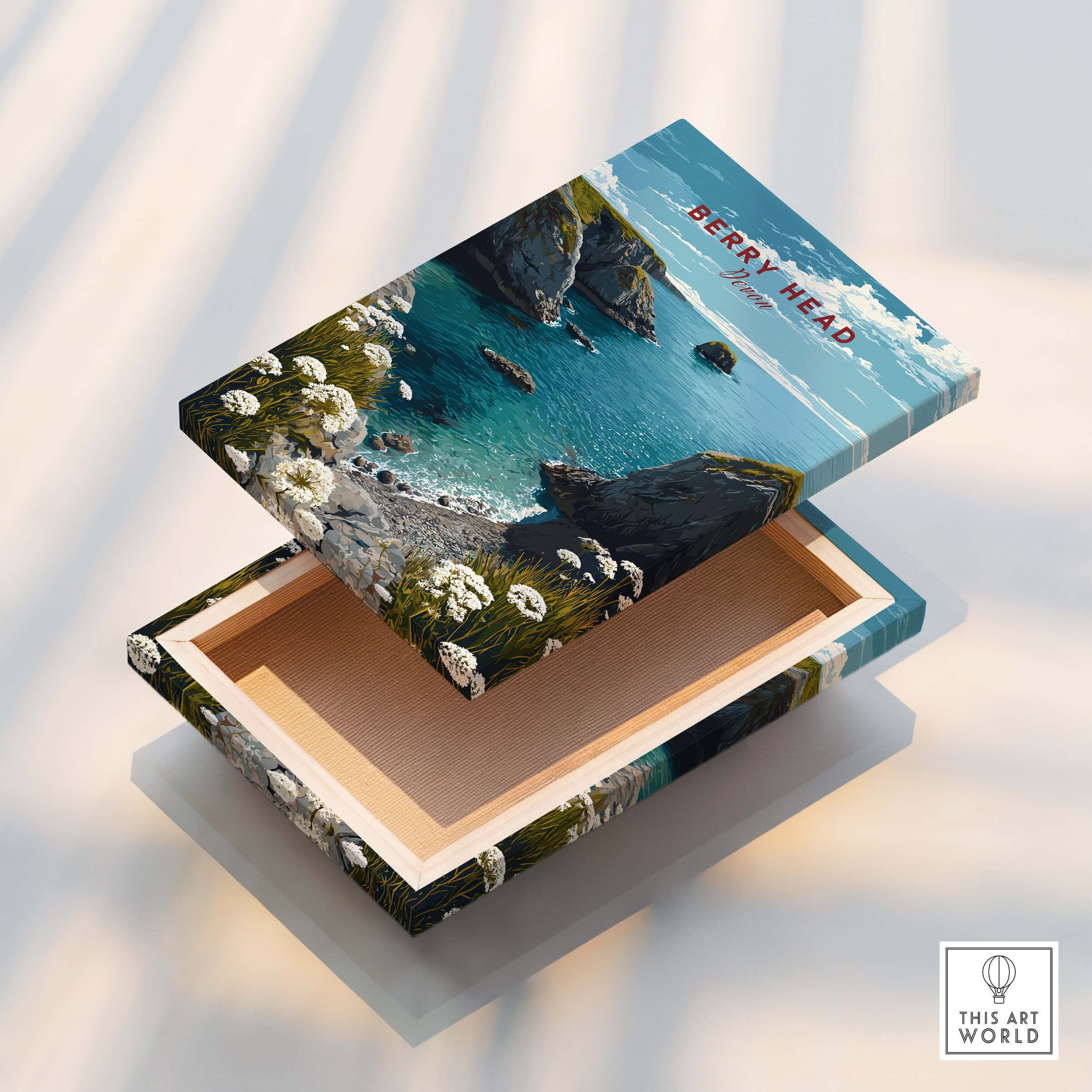 Berry Head Travel Poster – South Devon Coastline and Wildflower Art displayed on a decorative box.