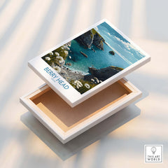 Berry Head Devon Print – Rocky Cliffs and Turquoise Sea Wall Decor displayed on an open box, showcasing coastal beauty.